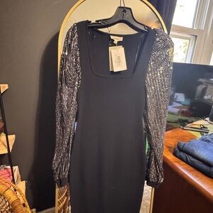 India Boutique Black Dress with Silver Sequin Sleeves